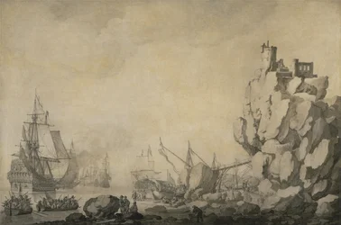 Barcos y milicia en una costa rocosa